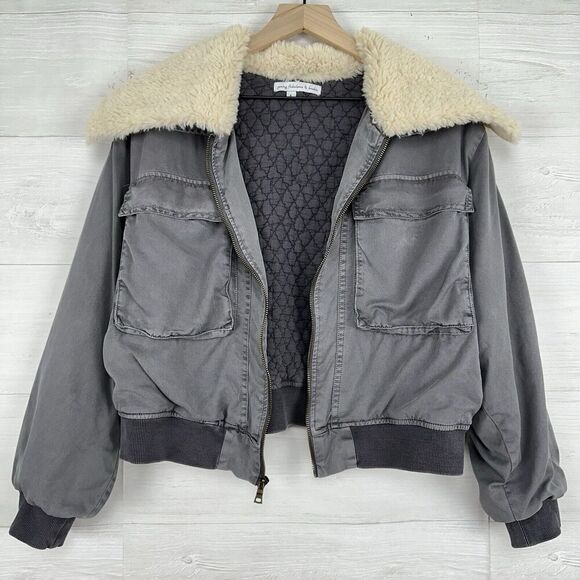 Revolve Young Fabulous & Broke Crop Jacket Women L Earhart Gray Sherpa Collar - Picture 16 of 16